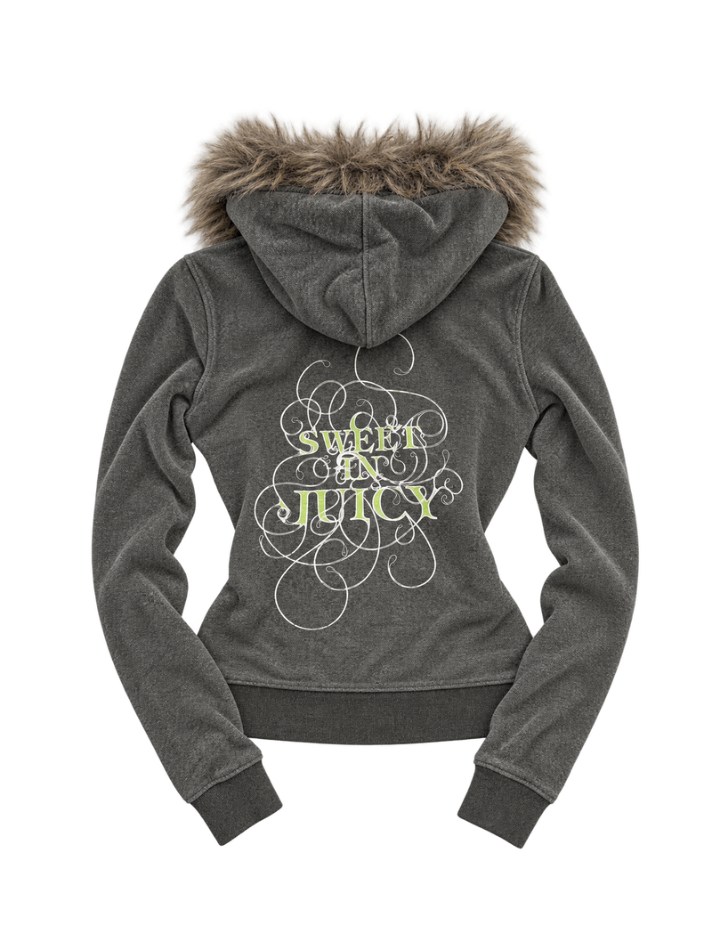 Bluza Juicy Couture szara melanżowa z futerkiem SWEET AND JUICY — tył