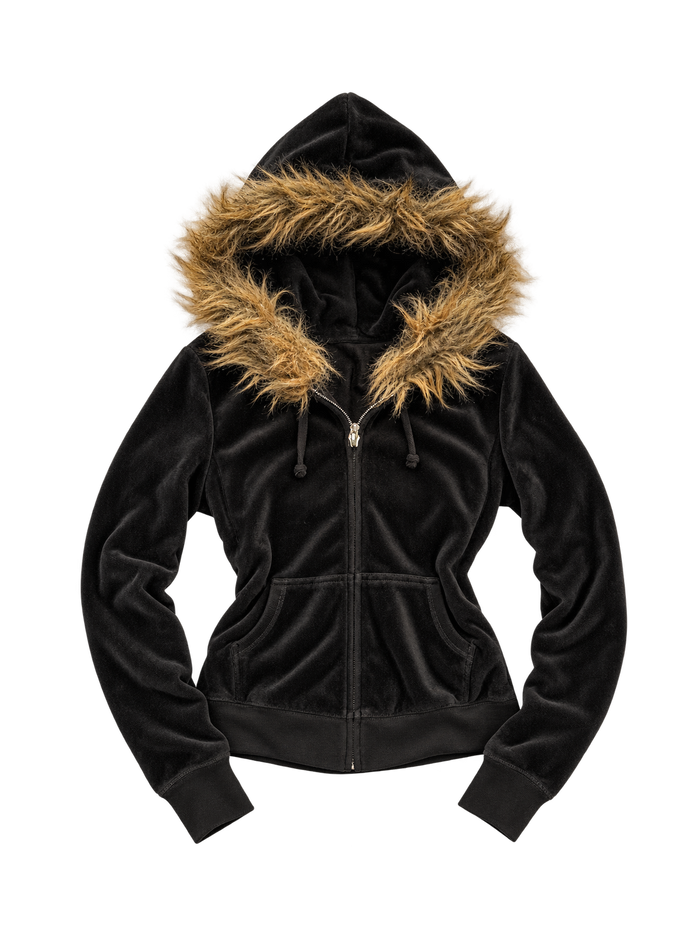 Bluza Juicy Couture czarna welurowa z futerkiem i złotym herbem