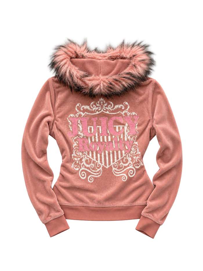 Bluza Juicy Couture różowa welurowa z różowo-czarnym futerkiem i ozdobnym nadrukiem