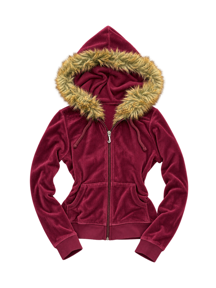 Bluza Juicy Couture bordowa welurowa z futerkiem i niebieską koroną