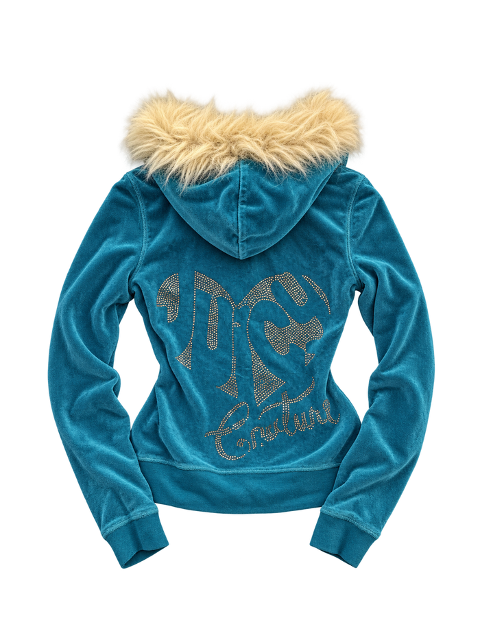 Bluza Juicy Couture turkusowa welurowa z jasnym futerkiem i aplikacją JC