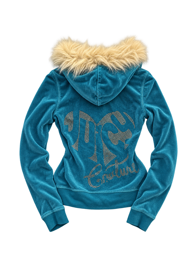 Bluza Juicy Couture turkusowa welurowa z jasnym futerkiem i aplikacją JC — tył