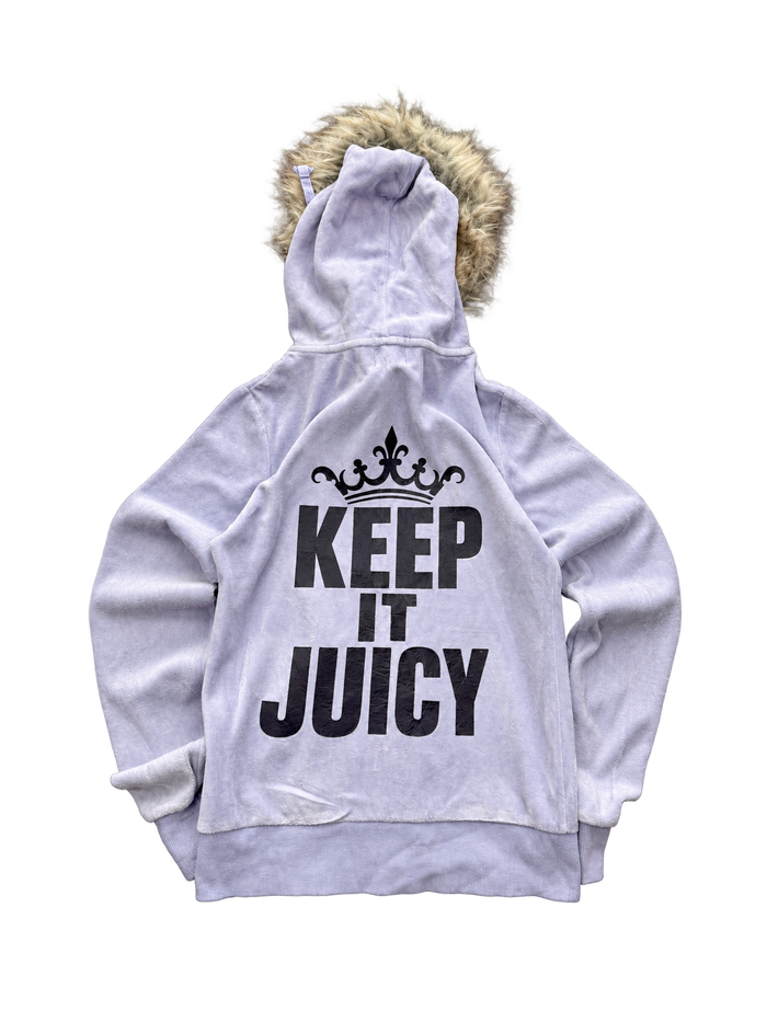 Bluza Juicy Couture liliowa welurowa z futerkiem i napisem KEEP IT JUICY