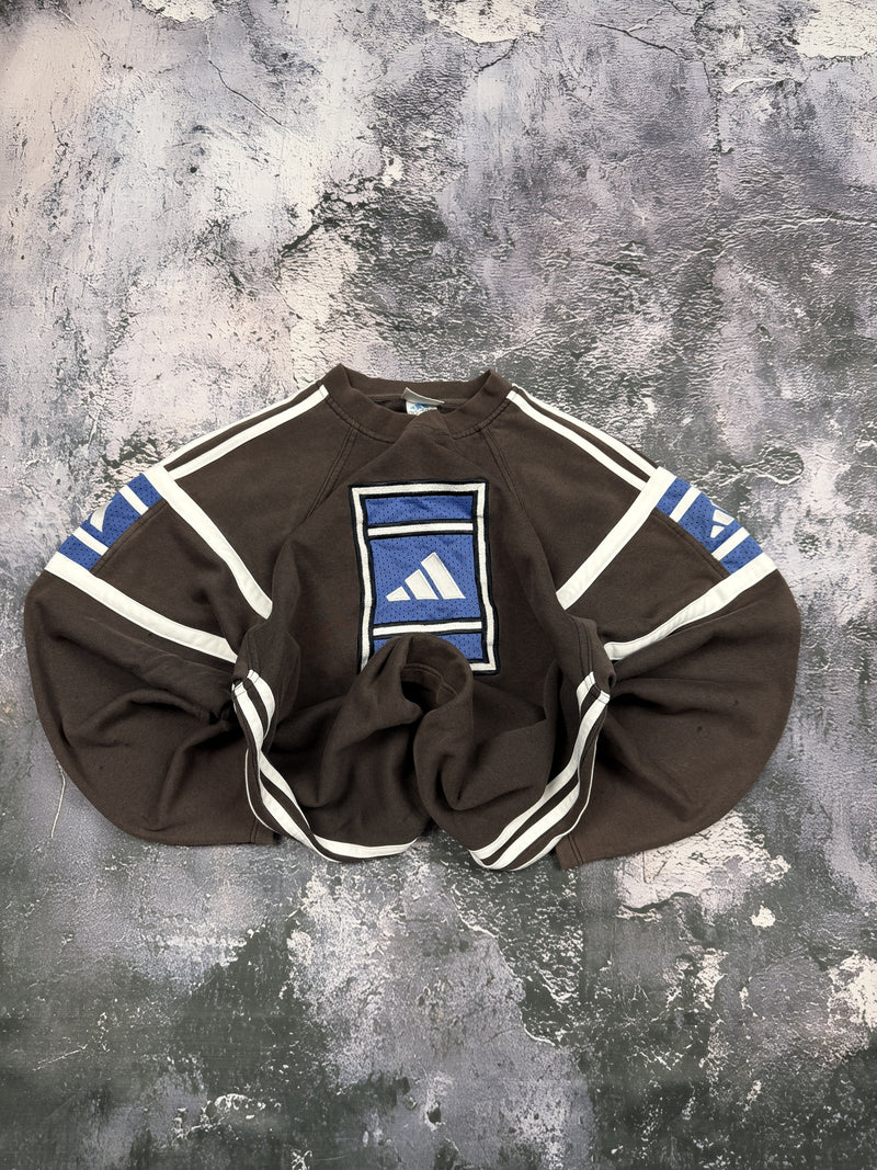 Bluza Adidas brązowa z niebieskim logo i jasnymi paskami — zdjęcie główne